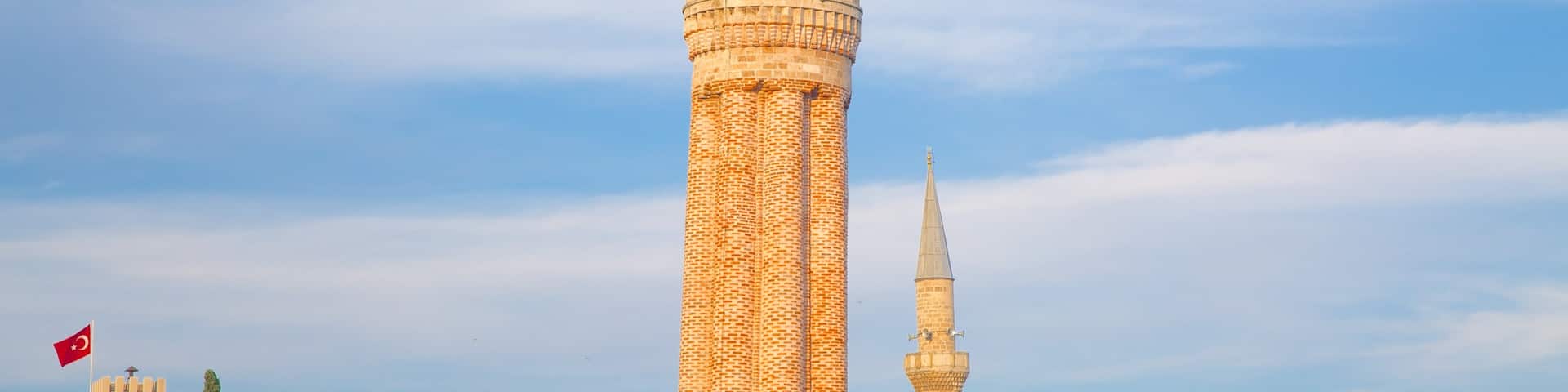 Yivli Minaret showing religious elements and a mosque