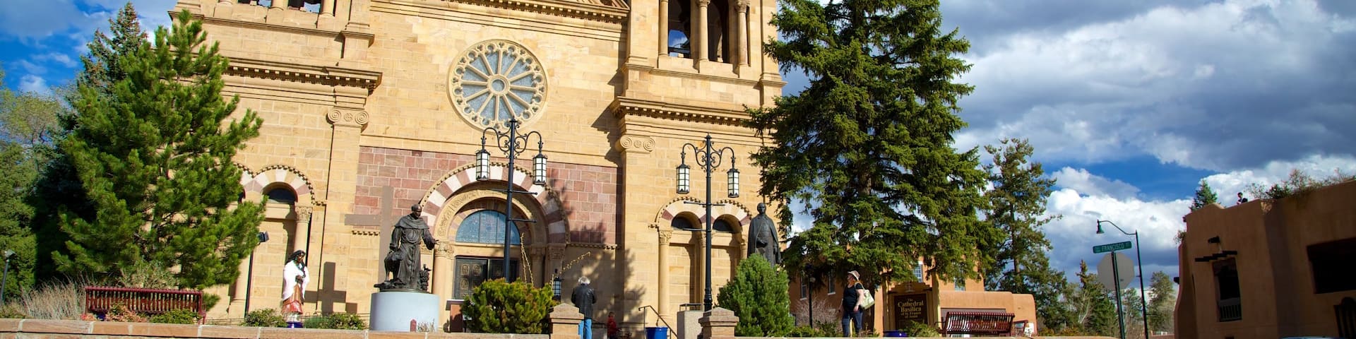 Santa Fe Plaza which includes religious elements, a church or cathedral and street scenes