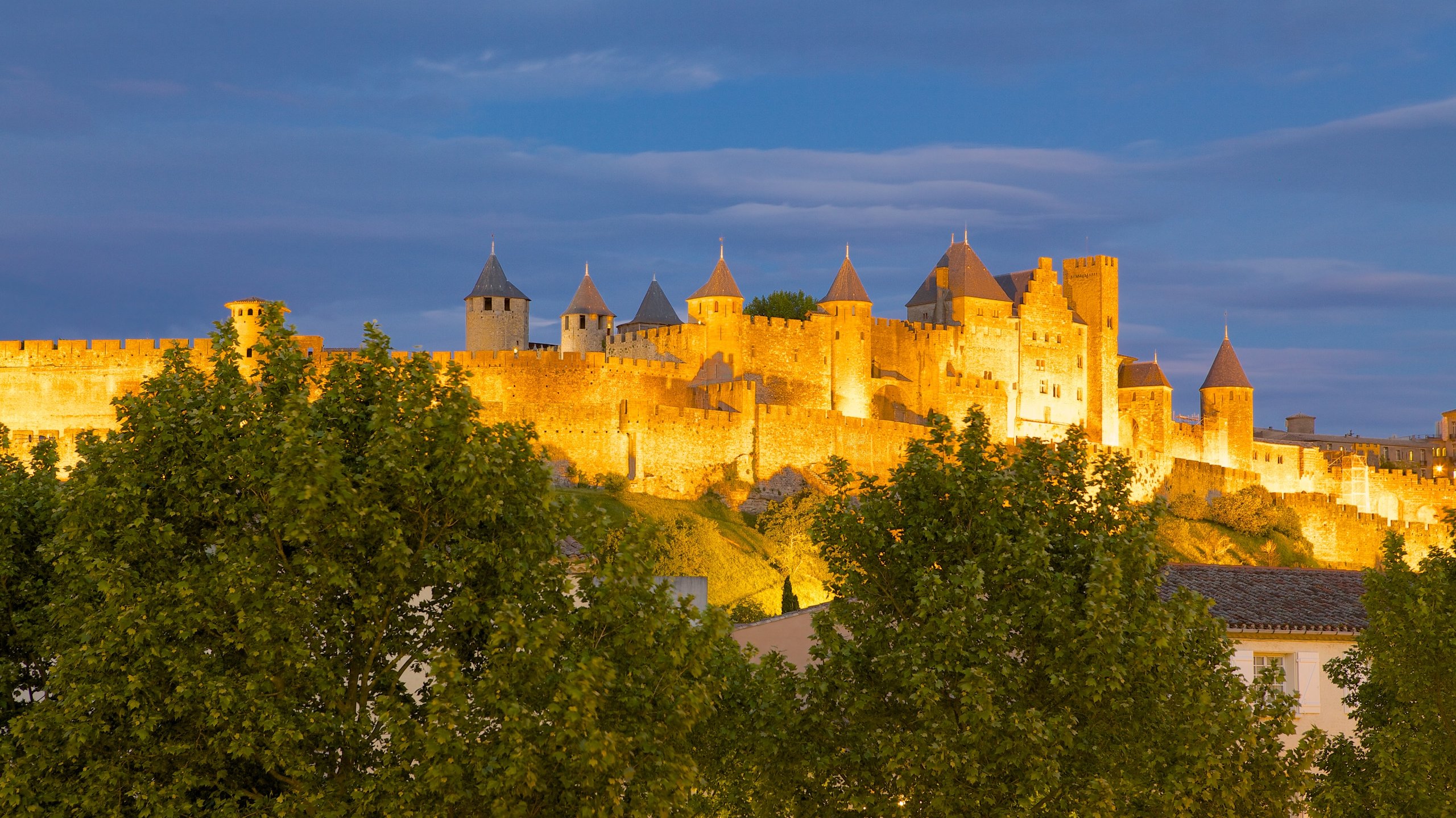 View Of Park Outside The Fortress Town Of Carcassonne In Southern