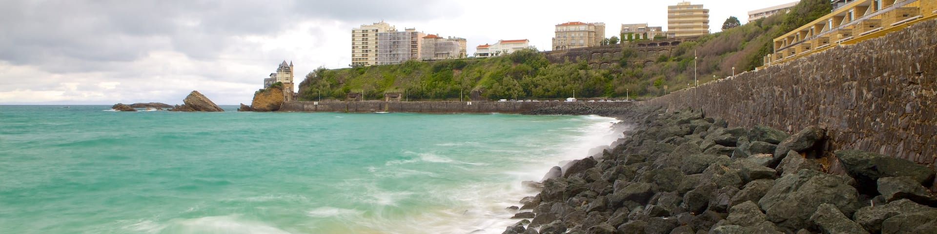 Cote des Basques showing rugged coastline and a coastal town