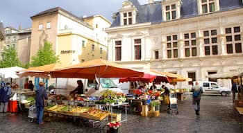 Grenoble som visar ett torg, gatuliv och marknader