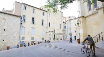 Montpellier ofreciendo ciclismo, escenas cotidianas y una plaza