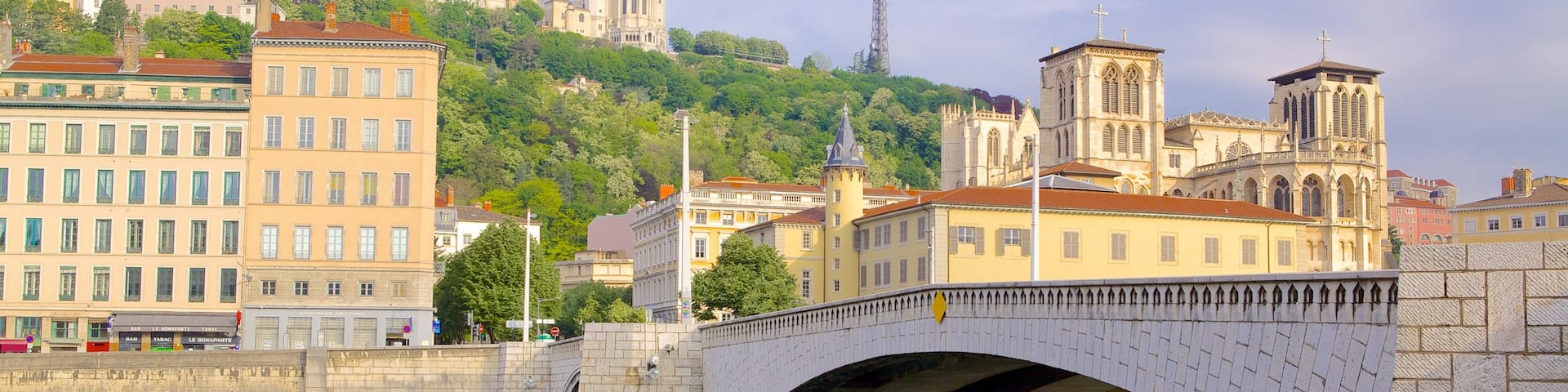 Neuville-sur-Saone featuring a river or creek, a bridge and a city