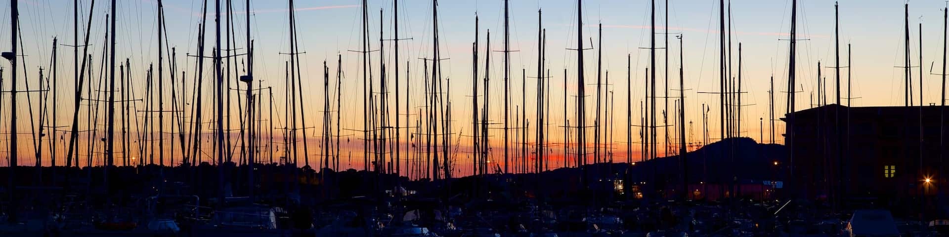 Port de Toulon montrant coucher de soleil, vues littorales et marina