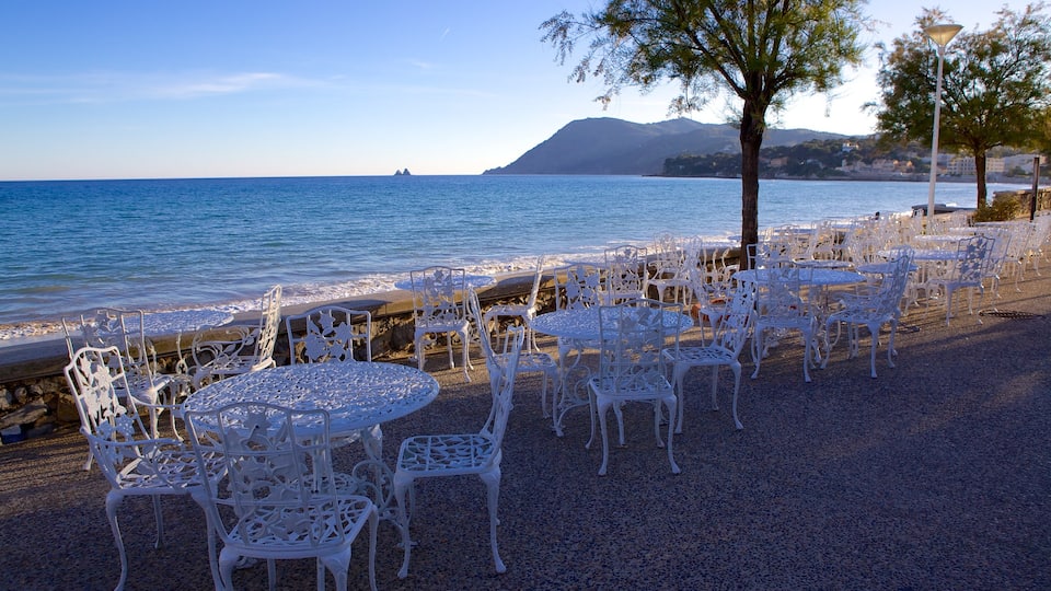 Provence montrant plage de sable, ville côtière et sortie au restaurant