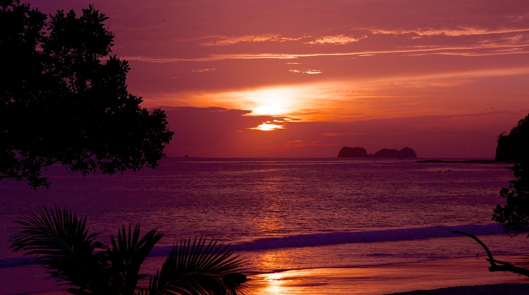 Flamingo Beach das einen Sandstrand, Landschaften und Sonnenuntergang