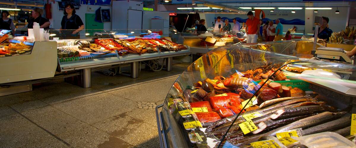 Riga Central Market which includes shopping and interior views