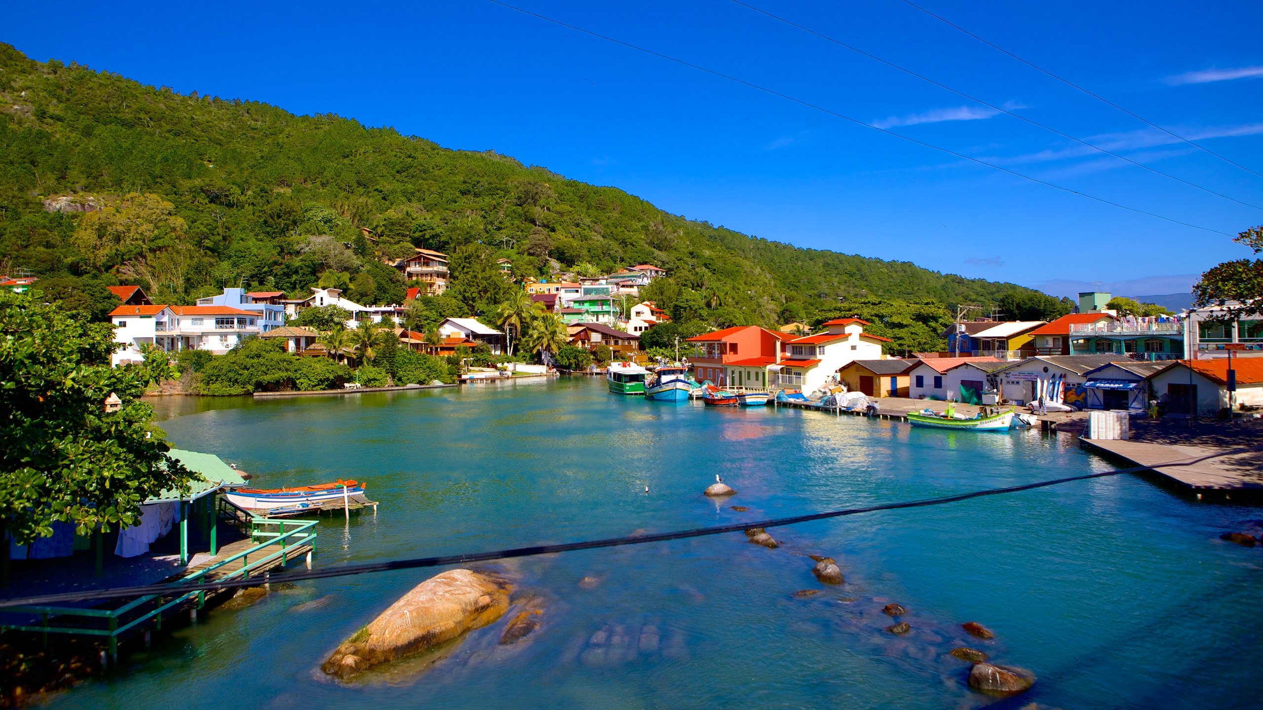 Barra da Lagoa Beach showing a coastal town and a bay or harbor