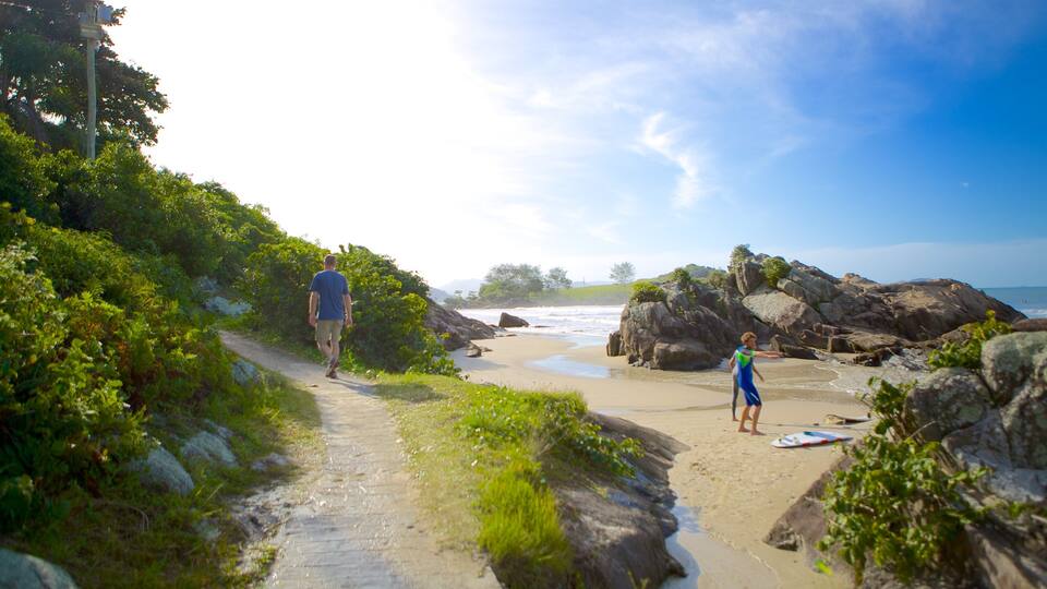 Matadeiro Beach which includes rocky coastline and a sandy beach as well as a small group of people