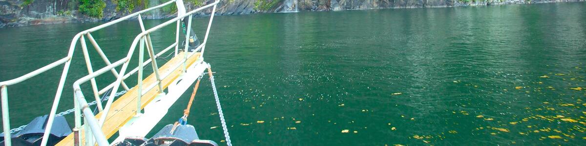 Milford Sound welches beinhaltet Fluss oder Bach, Bootfahren und schroffe Küste