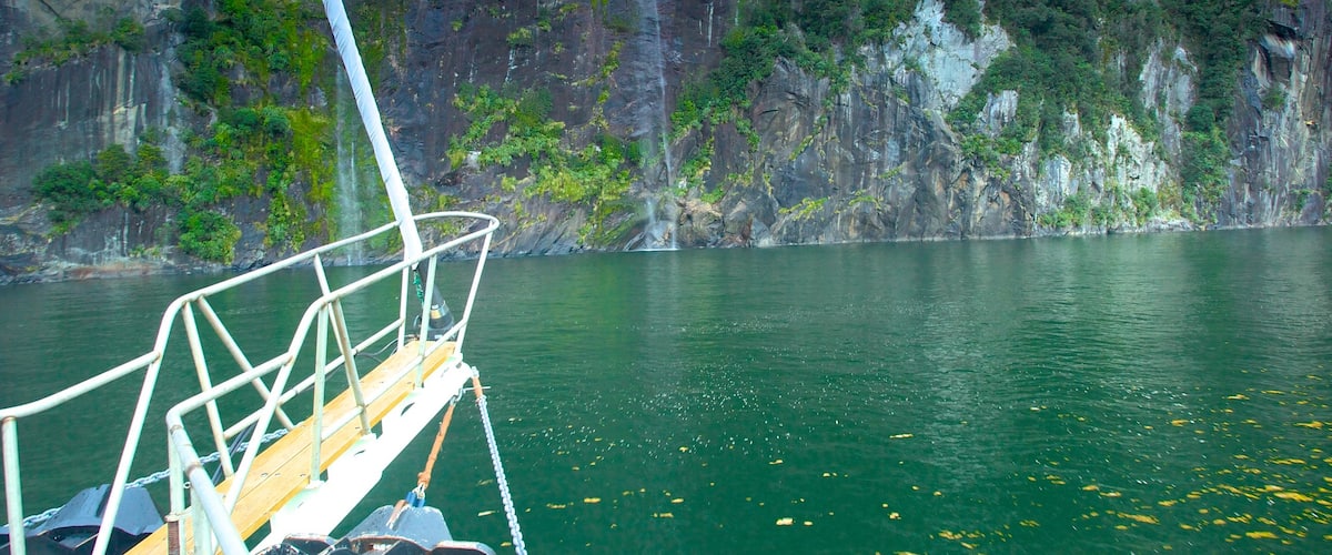 Milford Sound qui includes navigation, riviÚre ou ruisseau et cÎte escarpée