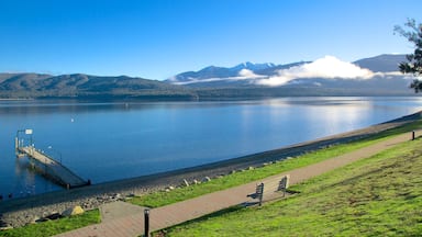 Te Anau which includes a lake or waterhole and landscape views