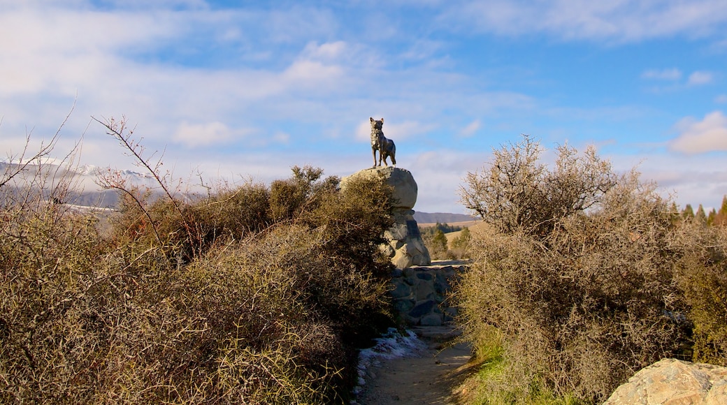 Estatua del perro pastor ofreciendo tierra de cultivo y arte al aire libre