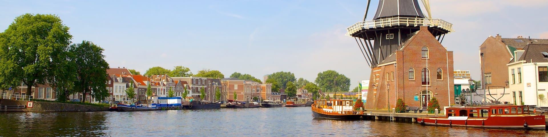 Haarlem welches beinhaltet Windmühle und Fluss oder Bach