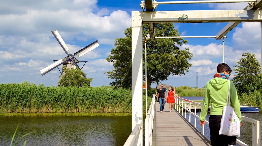 Kinderdijk som inkluderer bro, vindmølle og elv eller bekk