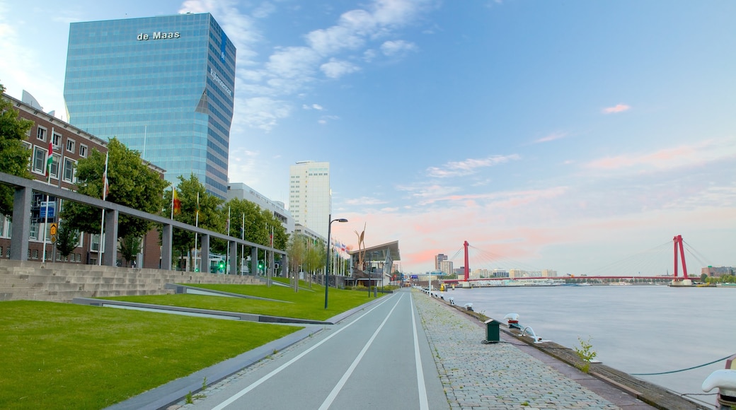 Erasmus Bridge featuring modern architecture, a river or creek and a suspension bridge or treetop walkway