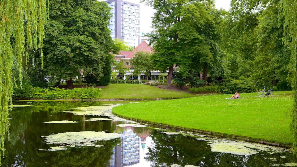 Euromast showing a park, landscape views and a lake or waterhole