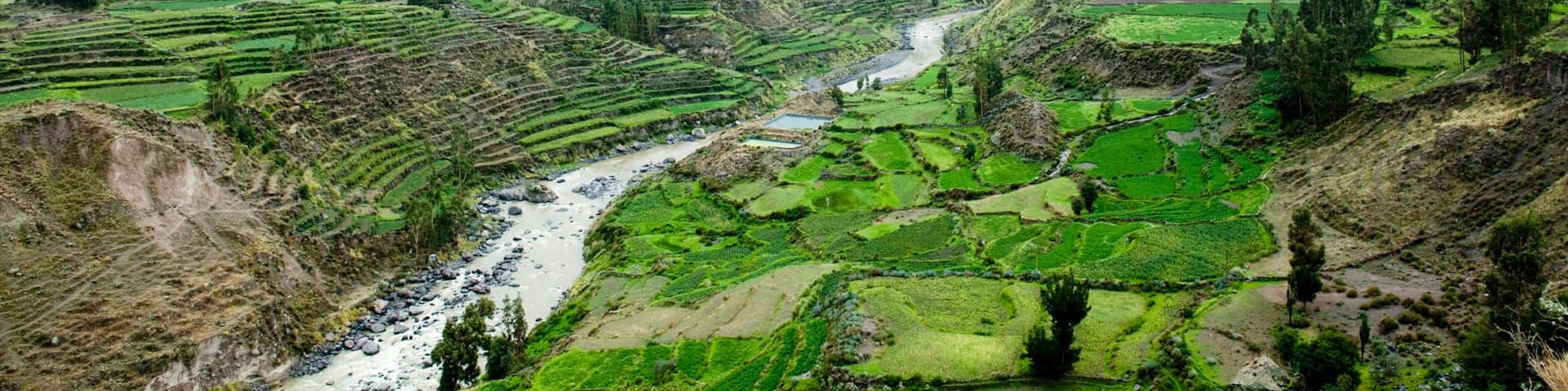 Colca Canyon which includes farmland, landscape views and a river or creek