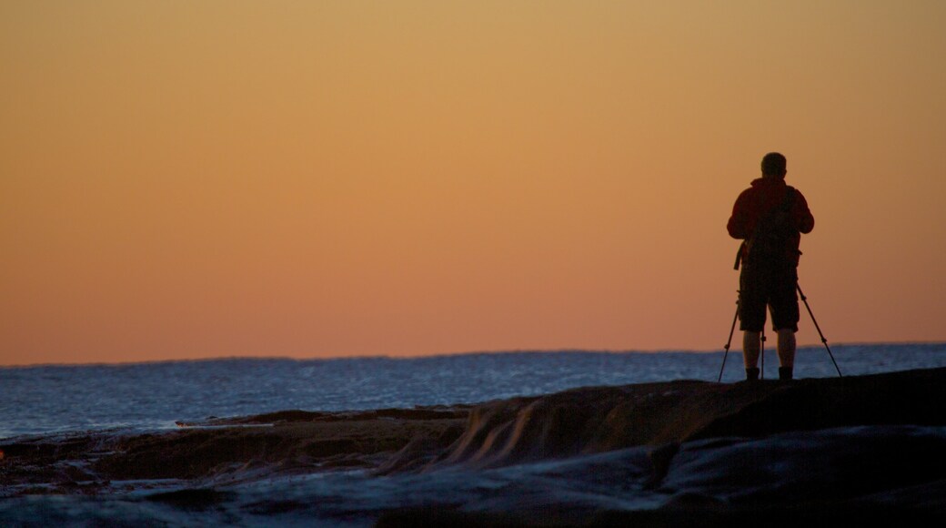 Shelly Beach ofreciendo un atardecer y vistas de una costa y también un hombre