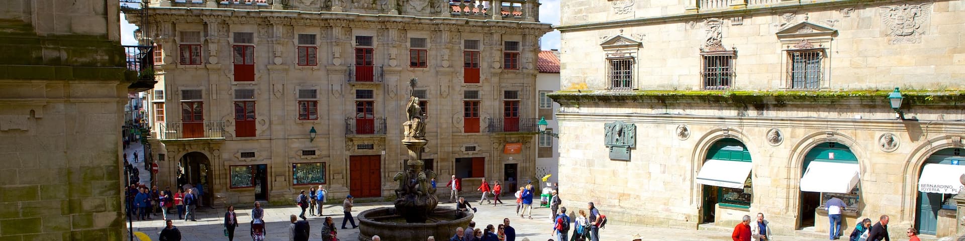 Santiago de Compostela Cathedral which includes a fountain and a square or plaza as well as a large group of people