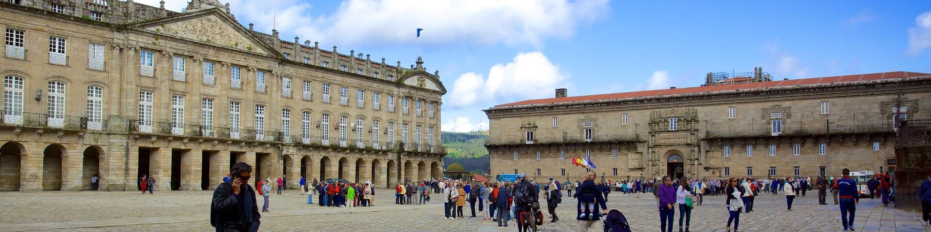 Obradoiro Square showing a square or plaza, heritage architecture and signage