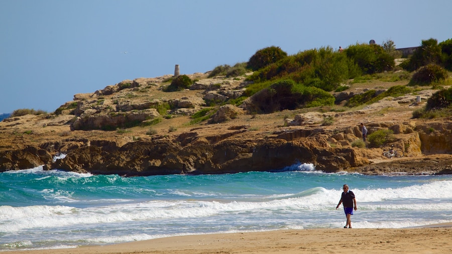 L\'Arrabassada Beach featuring rocky coastline, a sandy beach and general coastal views