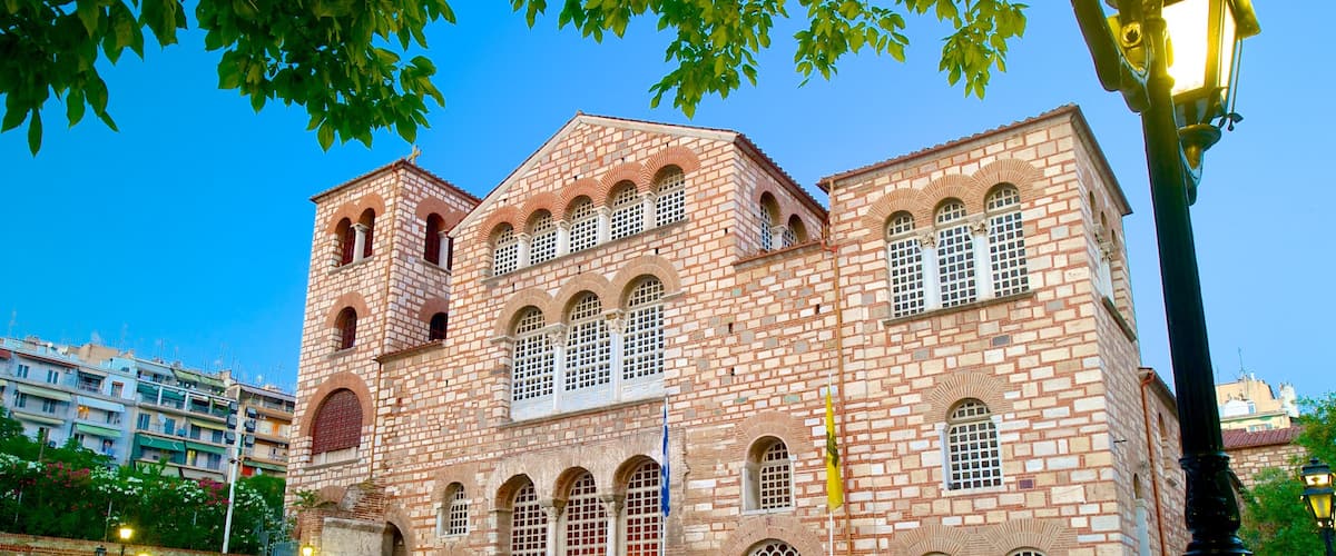 Thessaloniki which includes a church or cathedral, heritage architecture and religious aspects