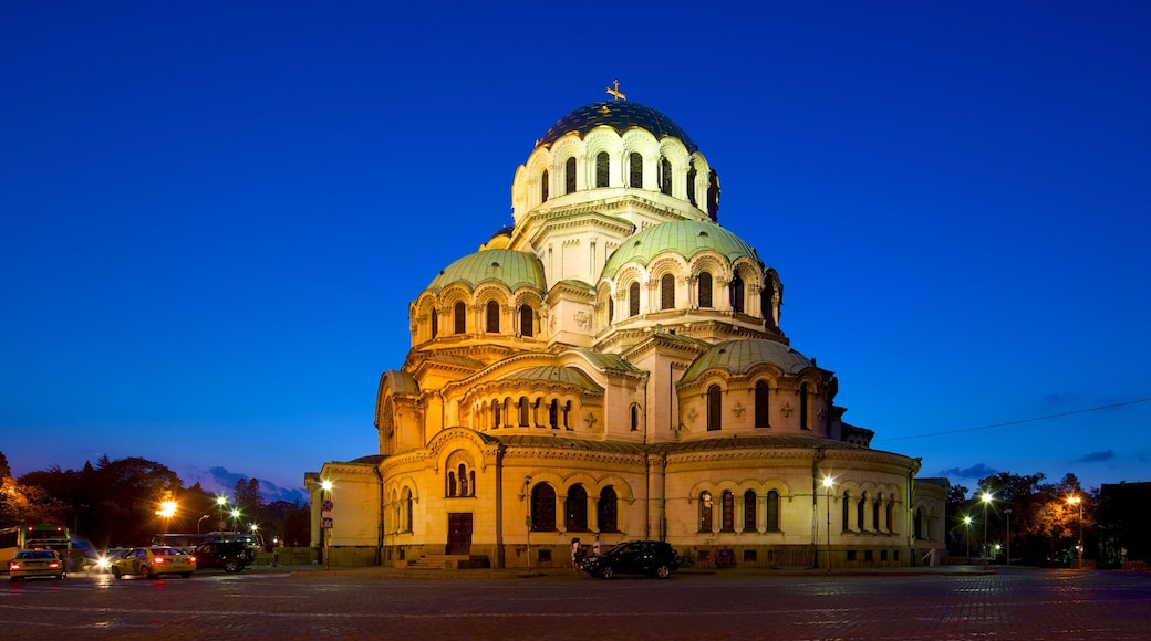 Alexander Nevski Cathedral which includes night scenes, a church or cathedral and religious aspects