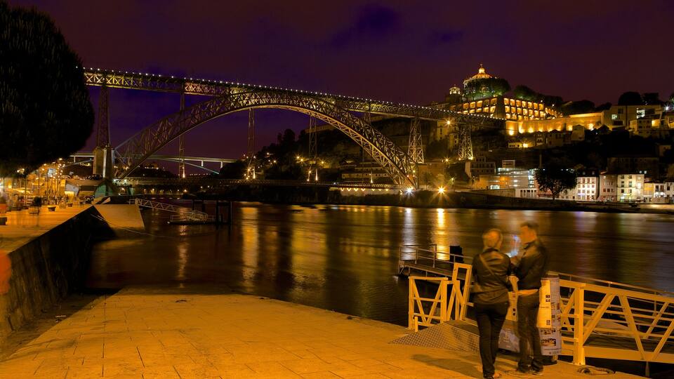 Dom Luis I Bridge showing night scenes, a bridge and a bay or harbour