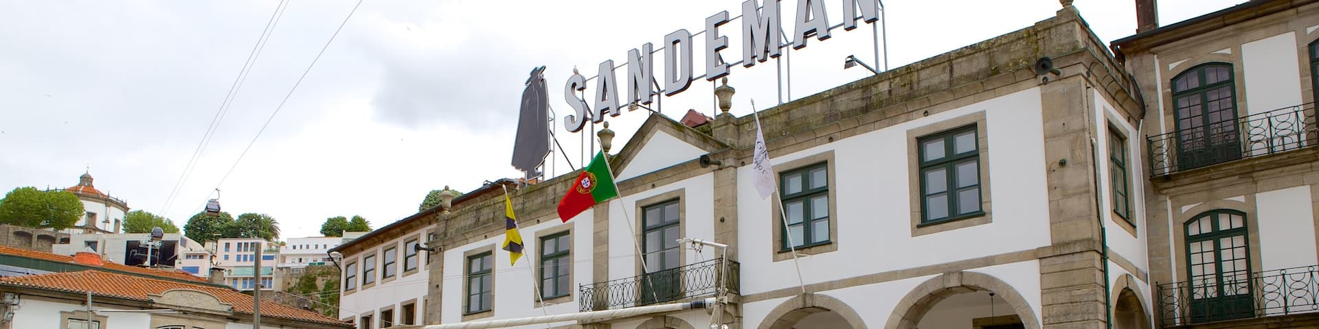 Sandeman Cellars featuring a square or plaza, signage and a small town or village