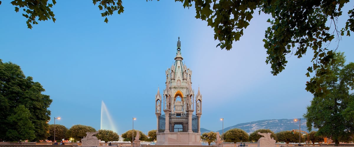 Ginebra mostrando un jardín y un monumento