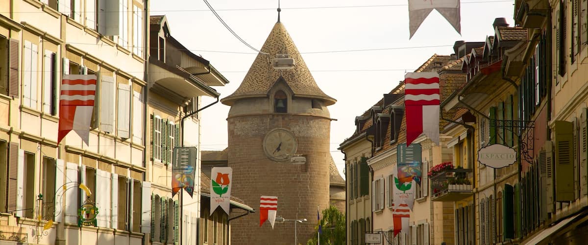 Morges showing a church or cathedral and street scenes