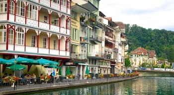 Interlaken mettant en vedette scènes de rue, lac ou étang et sortie au restaurant