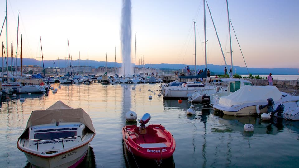 Đài phun nước Jet d\'Eau trong đó bao gồm đài phun nước, bến tàu và chèo thuyền