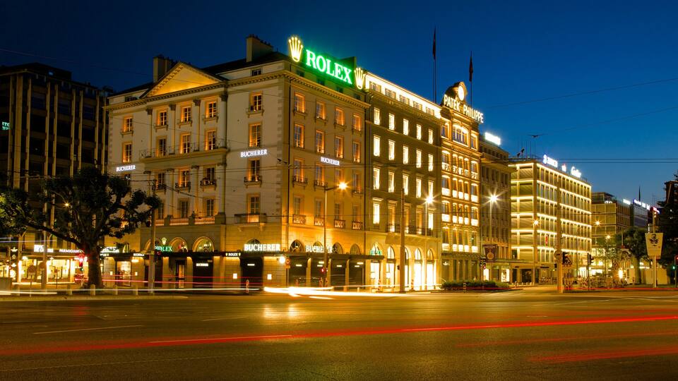 Patek Philippe Watch Museum which includes a city, night scenes and street scenes