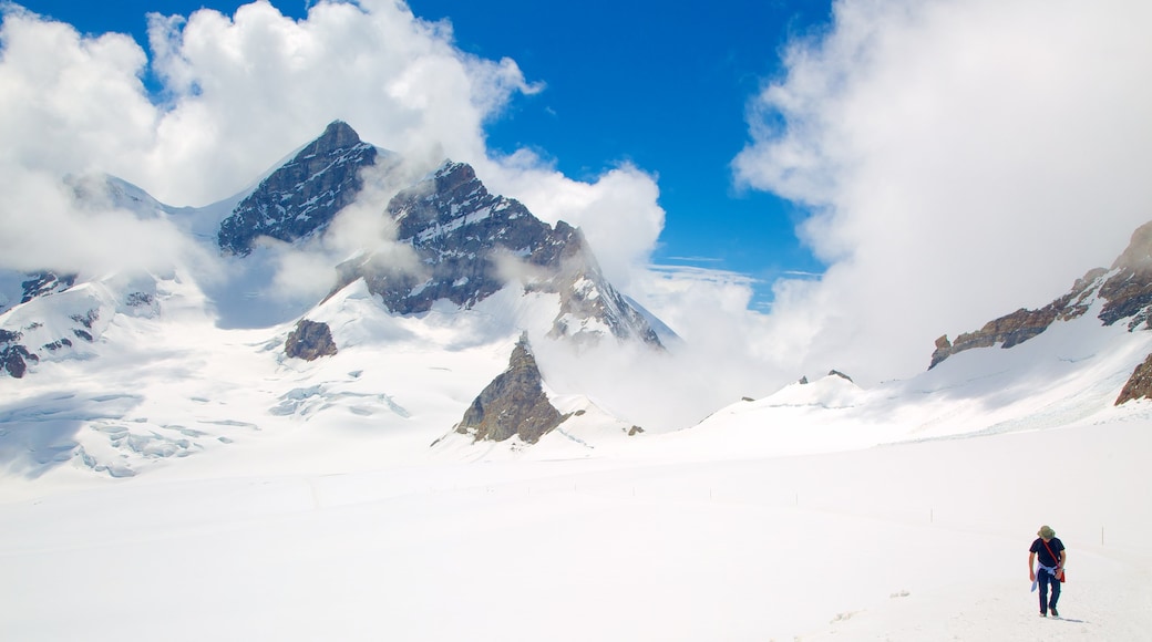 Jungfraujoch que incluye montañas, senderismo o caminata y neblina o niebla