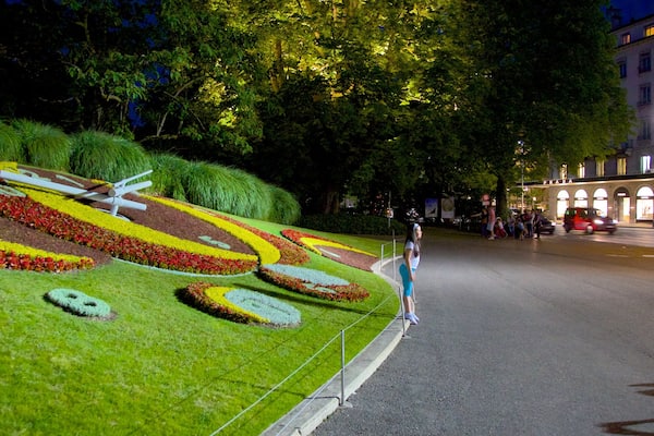 Blumenuhr mit einem Blumen, bei Nacht und StraĂenszenen