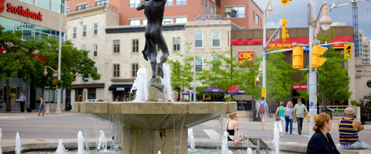 Guelph which includes a city, a statue or sculpture and a fountain