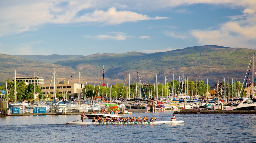 Waterfront Park showing a bay or harbour and kayaking or canoeing as well as a large group of people