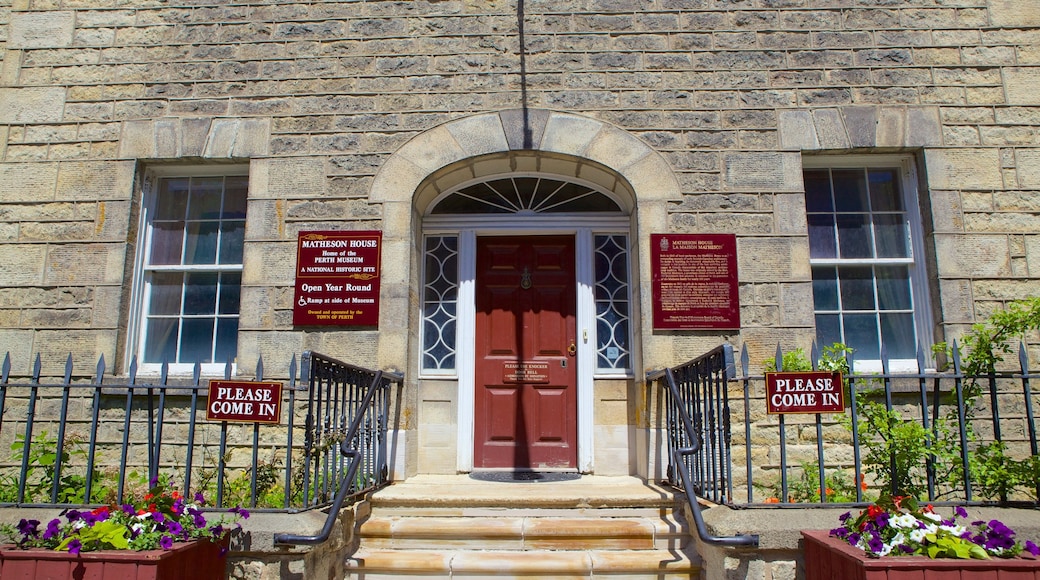 Perth Museum showing heritage architecture and flowers