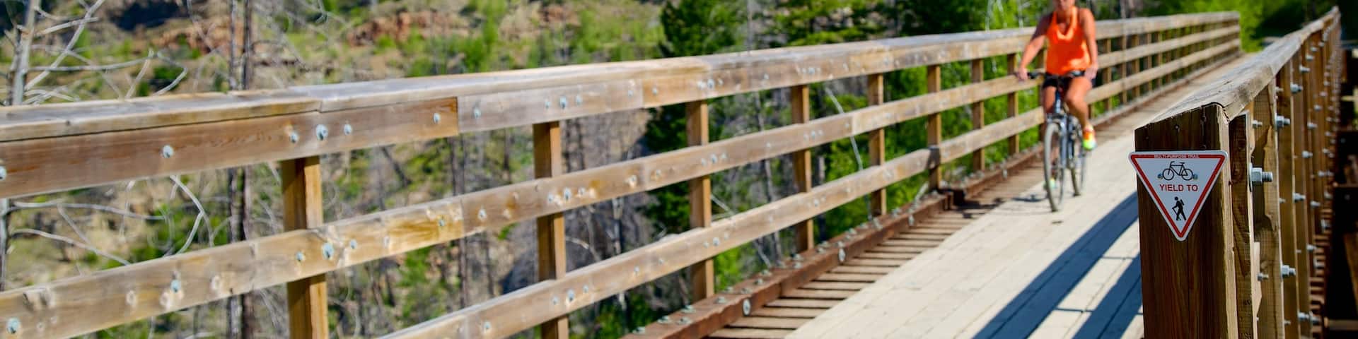 Myra-Bellevue Provincial Park which includes cycling and a bridge as well as an individual female