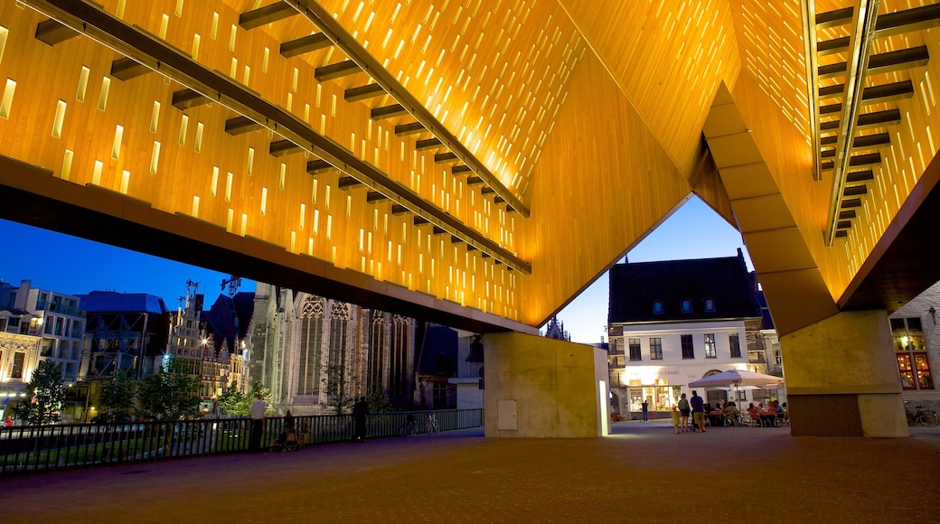 Ghent showing a city, night scenes and modern architecture