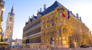 Ghent Town Hall featuring a sunset, an administrative buidling and street scenes