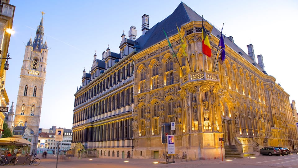 Ghent Town Hall featuring a sunset, an administrative buidling and street scenes