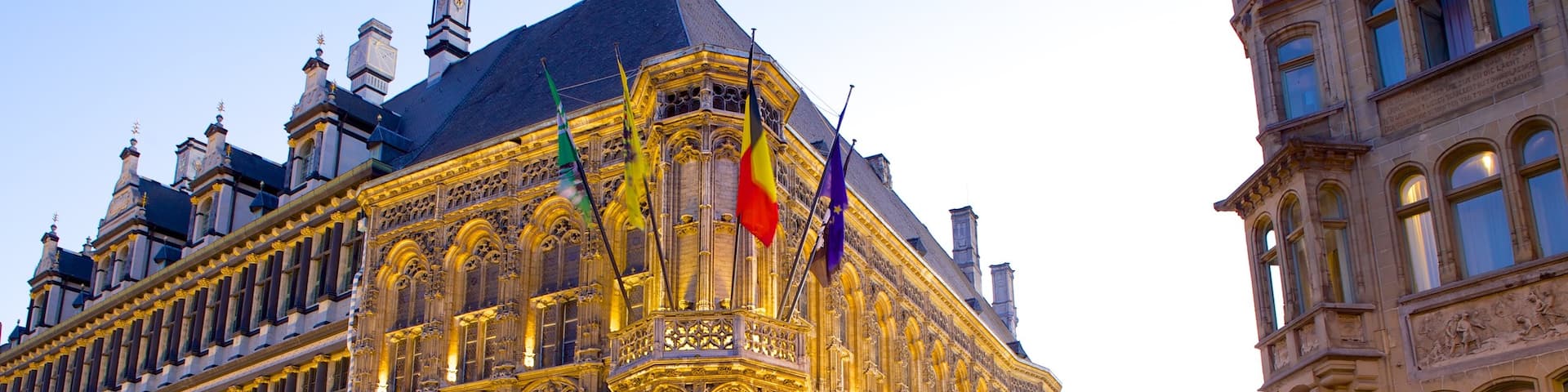 Ghent Town Hall showing an administrative buidling, street scenes and a sunset