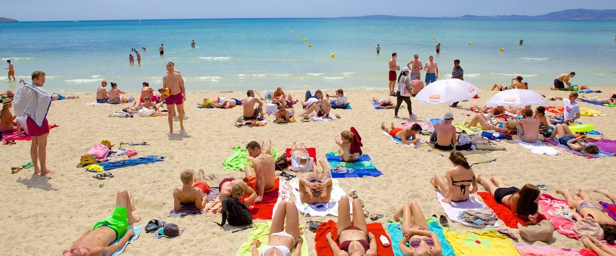 El Arenal showing a sandy beach as well as a large group of people