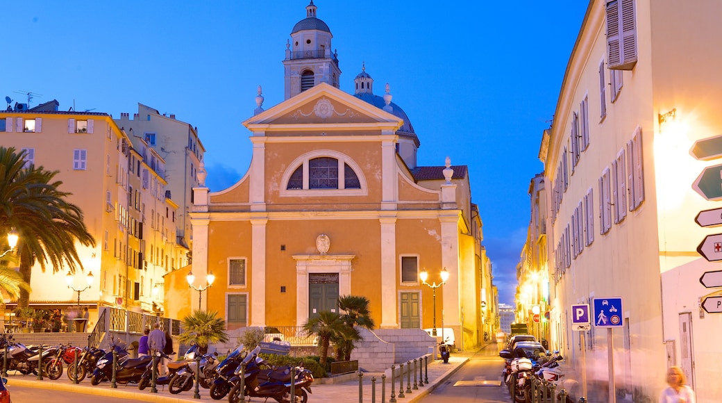 Ajaccio which includes night scenes, heritage architecture and street scenes