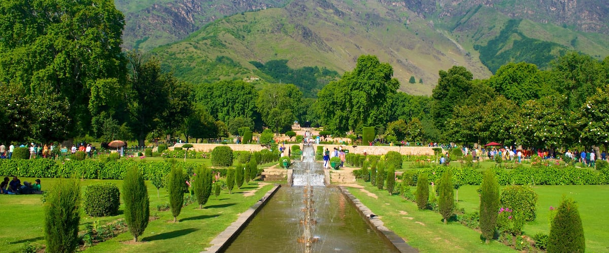 Mughal Gardens featuring a garden and a fountain
