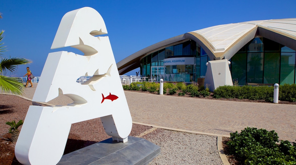 Malta National Aquarium showing modern architecture, marine life and signage