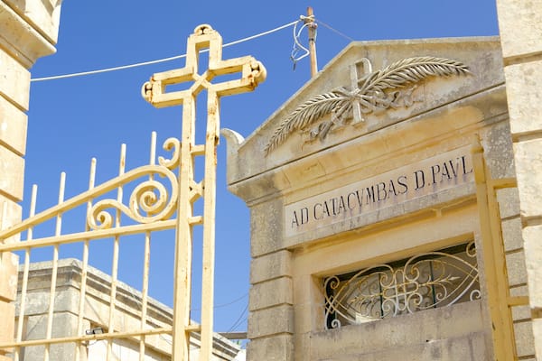 Catacombs of St. Paul and St. Agatha\'s Crypt showing a cemetery, heritage architecture and signage